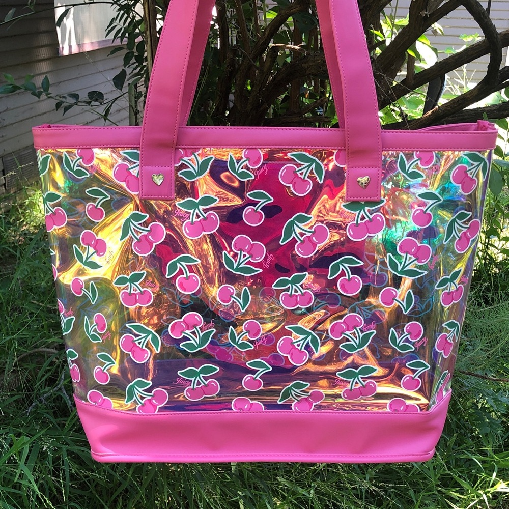 NWT Juicy Couture Pink Cherry Print Iridescent Beach Tote Bag